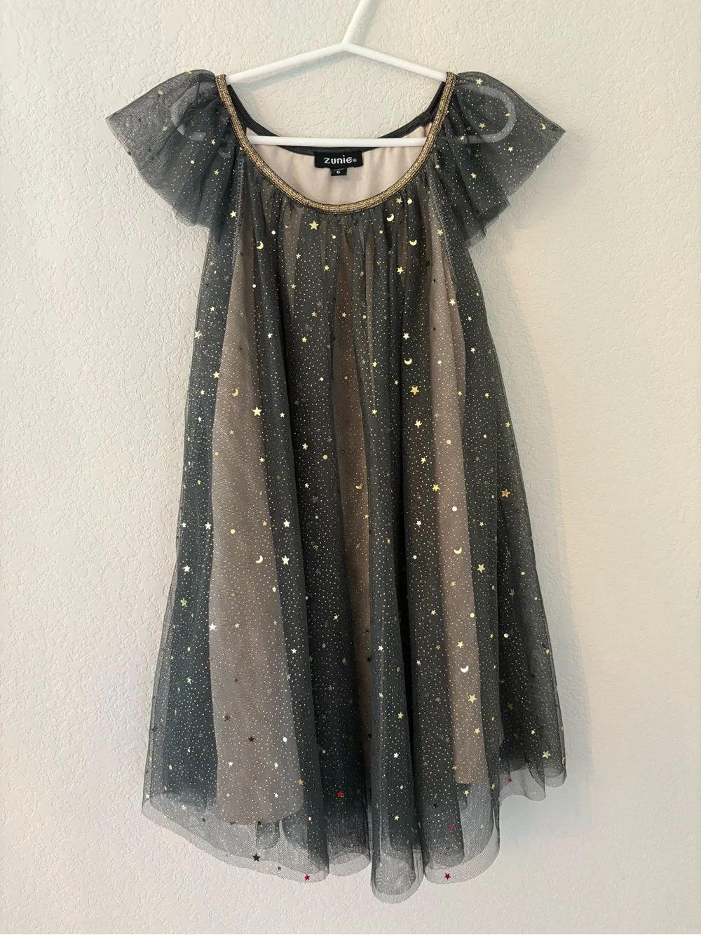 Zunie GIrls Tulle Gold Stars and Moon Glitter Sparkle Dress Ruffle Sleeve Party